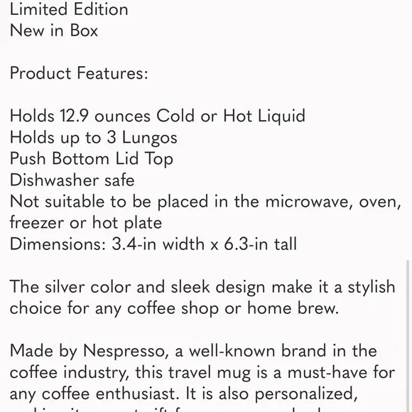 NEW Nespresso Silver Travel Mug - Picture 2 of 2
